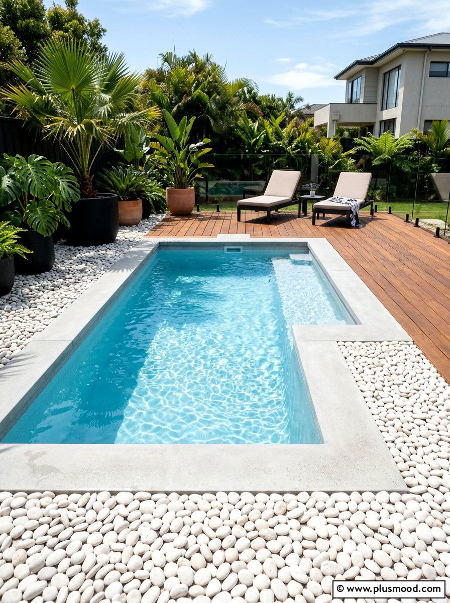 White Pebble Pool Surround - 25 pool landscaping ideas for rectangular pools