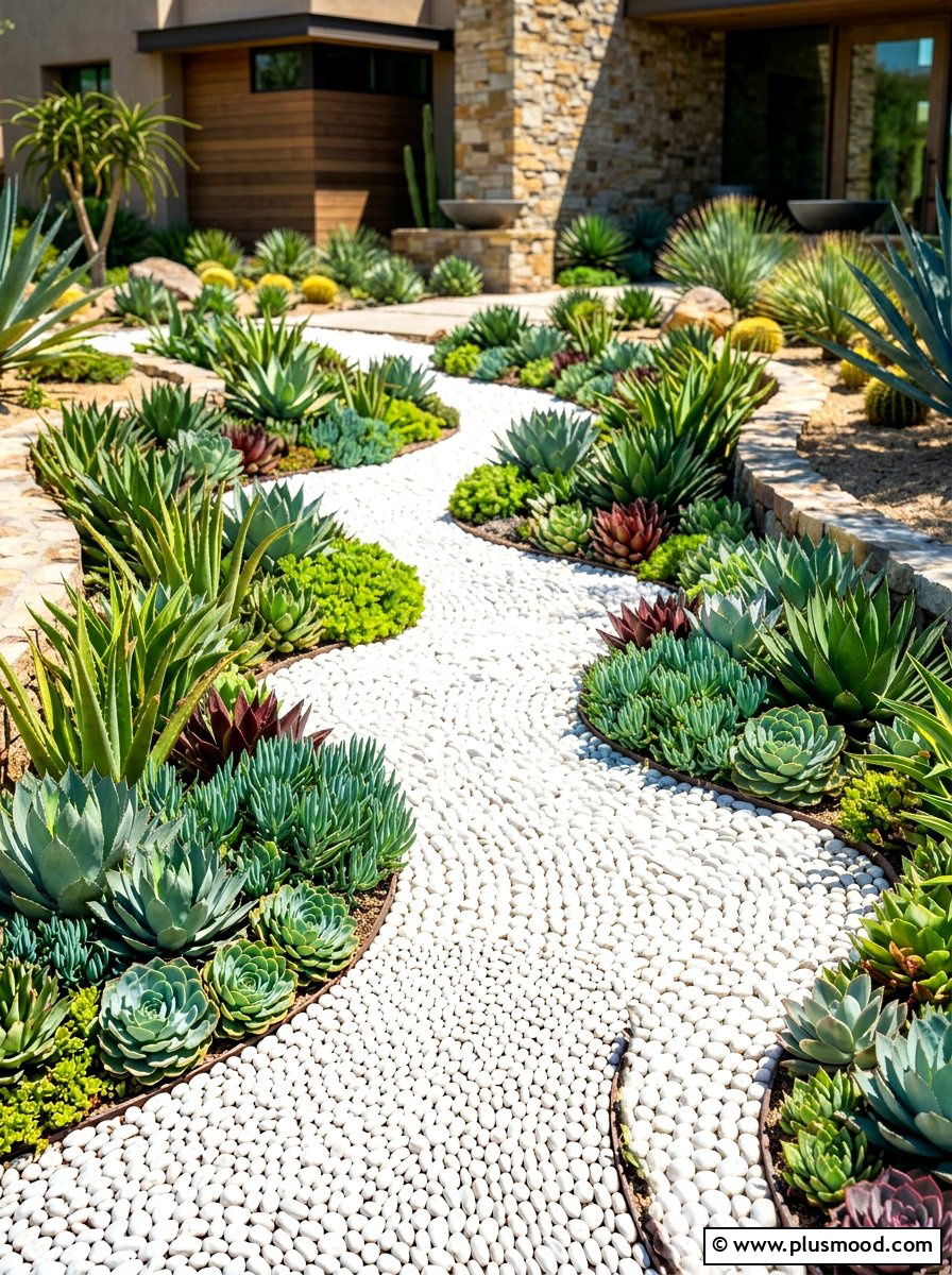 White Pebble Walkway Succulents - 25 summer walkway landscaping ideas