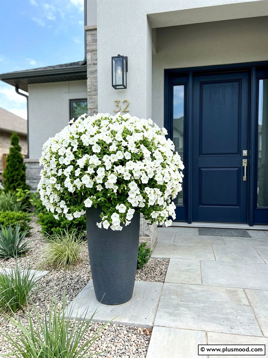 White Petunia Entry Container - 25 summer container ideas for front door