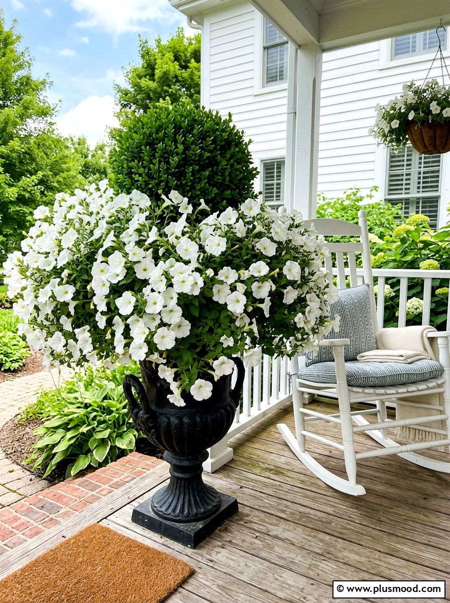 White Petunia Front Door Urn - 25 summer porch urn ideas