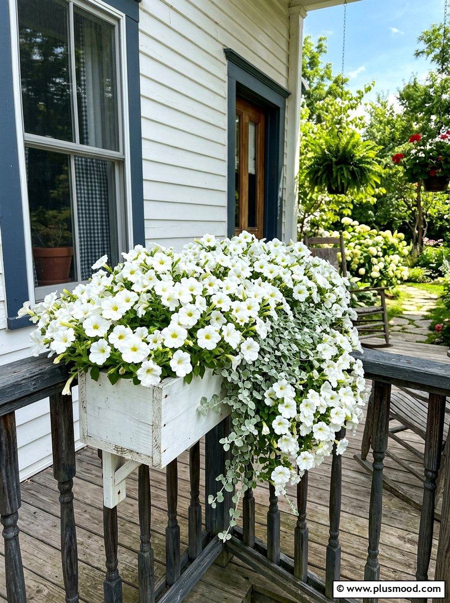 White Petunia Window Box - 25 summer front door planter ideas
