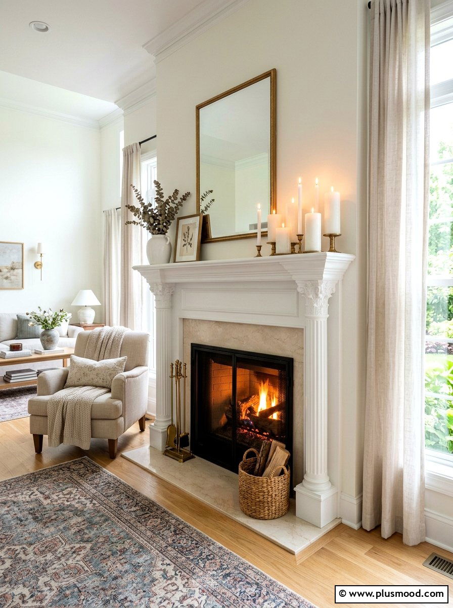 White Pillar Mantel Setup - 25 summer candles decor ideas for living room