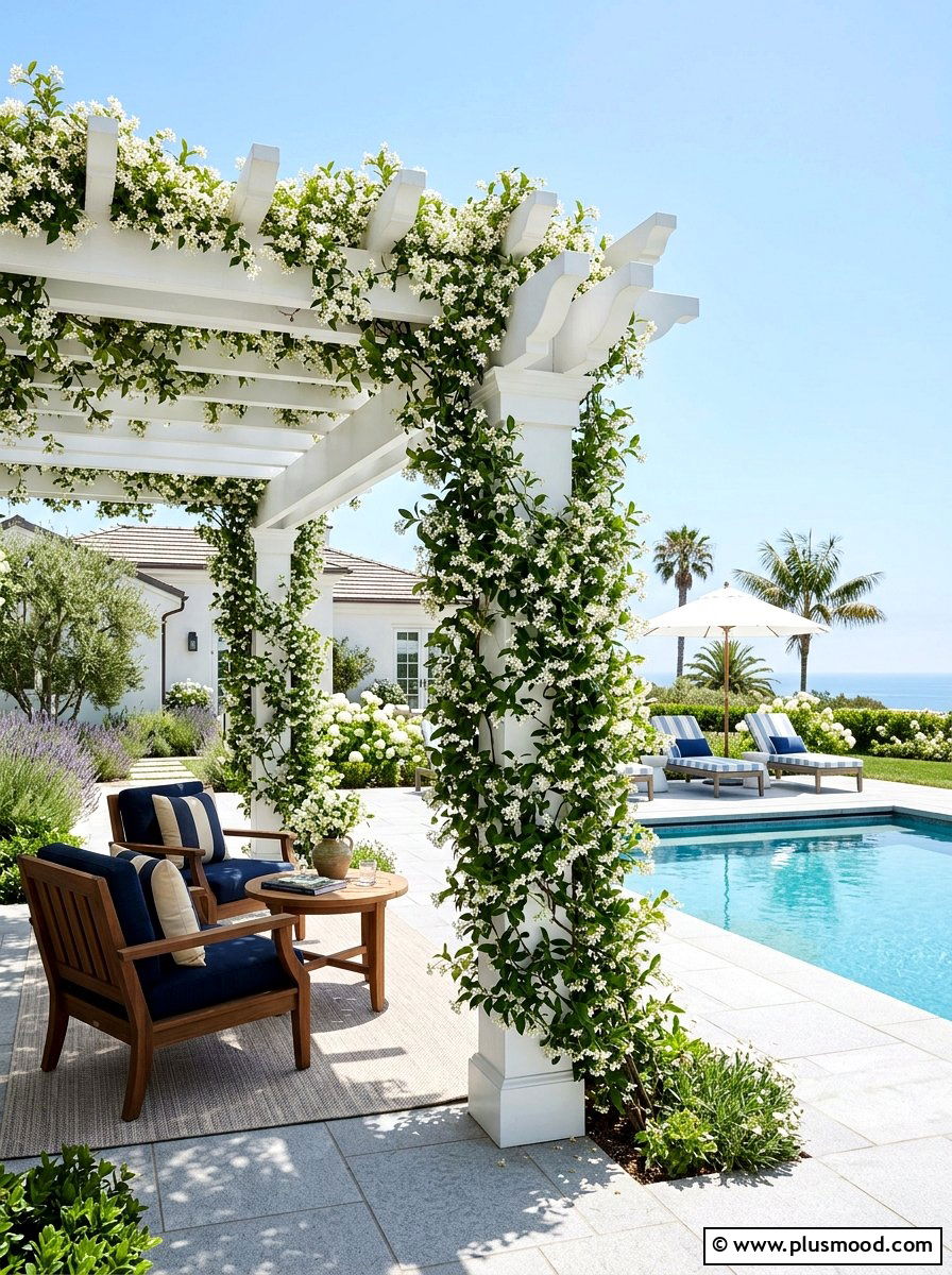 White Poolside Pergola Jasmine - 25 pool landscaping ideas with pergola and vines