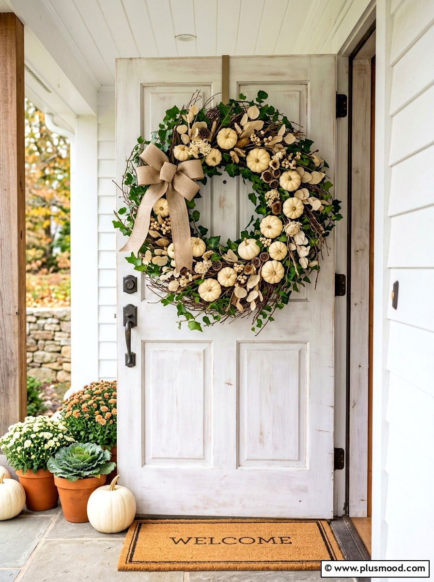 White Pumpkin Door Wreath - 25 summer to fall wreath ideas