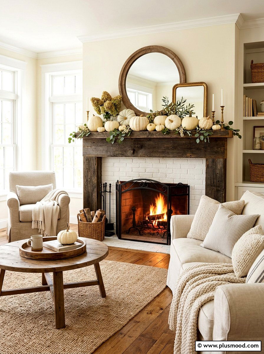 White Pumpkin Mantel - 25 summer to fall mantel ideas