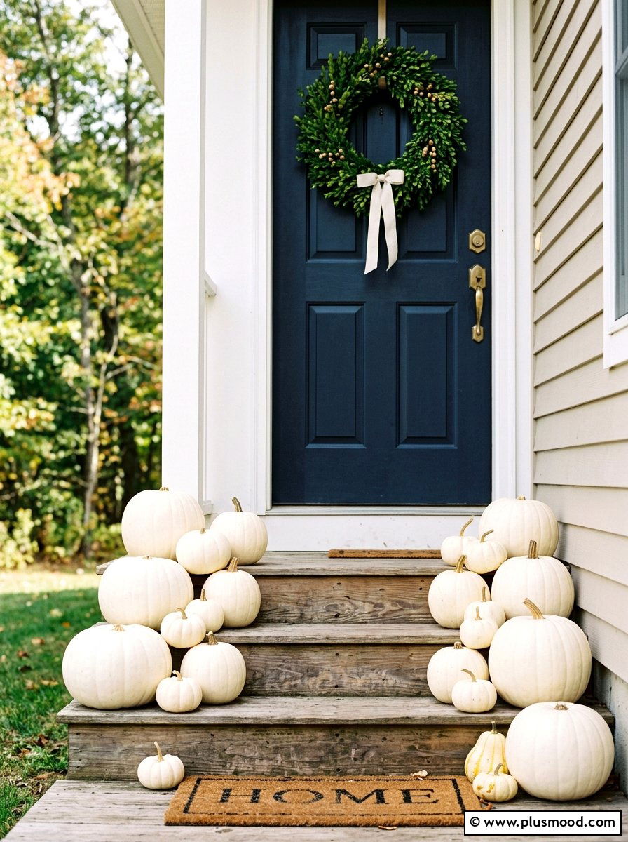 White Pumpkin Porch Display - 25 summer to fall porch decor ideas