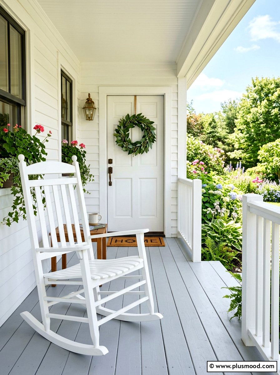 White Rocking Chair - 25 summer minimalist front porch ideas