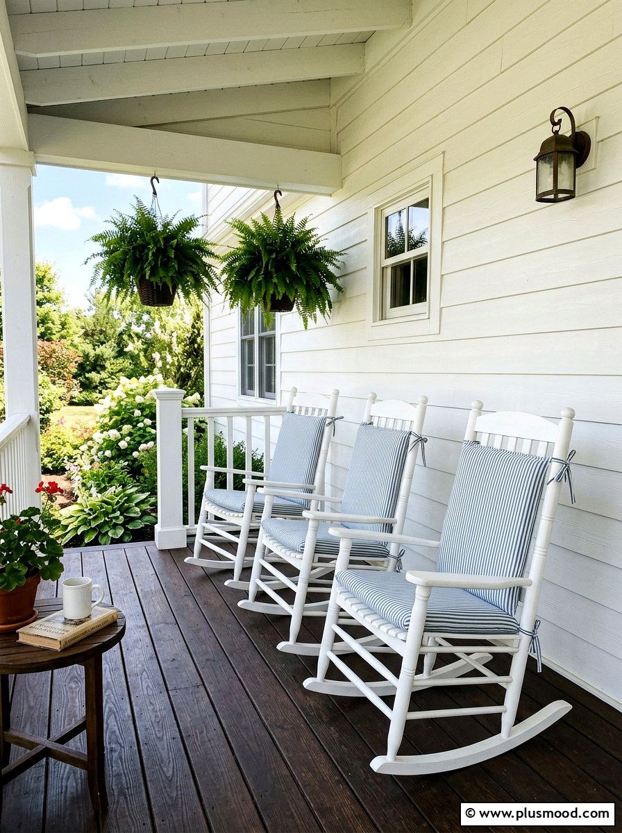 White Rocking Porch - 25 summer farmhouse patio ideas