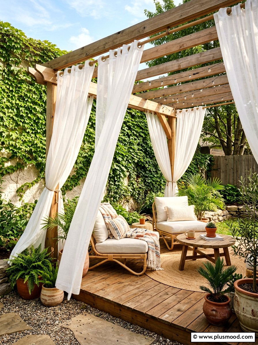 White Sheer Pergola Curtains - 25 small backyard ideas with outdoor curtains