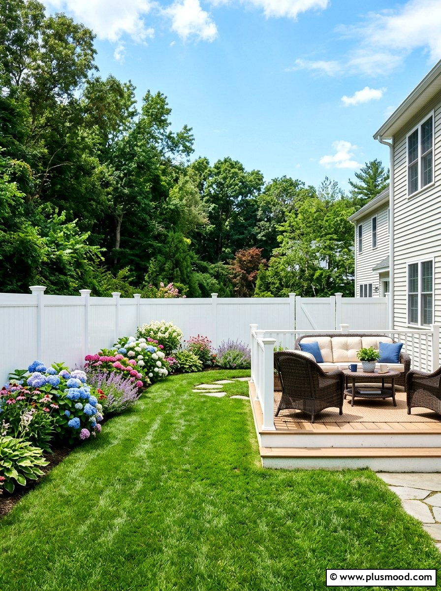 White Vinyl Fence - 25 small backyard ideas with privacy fence