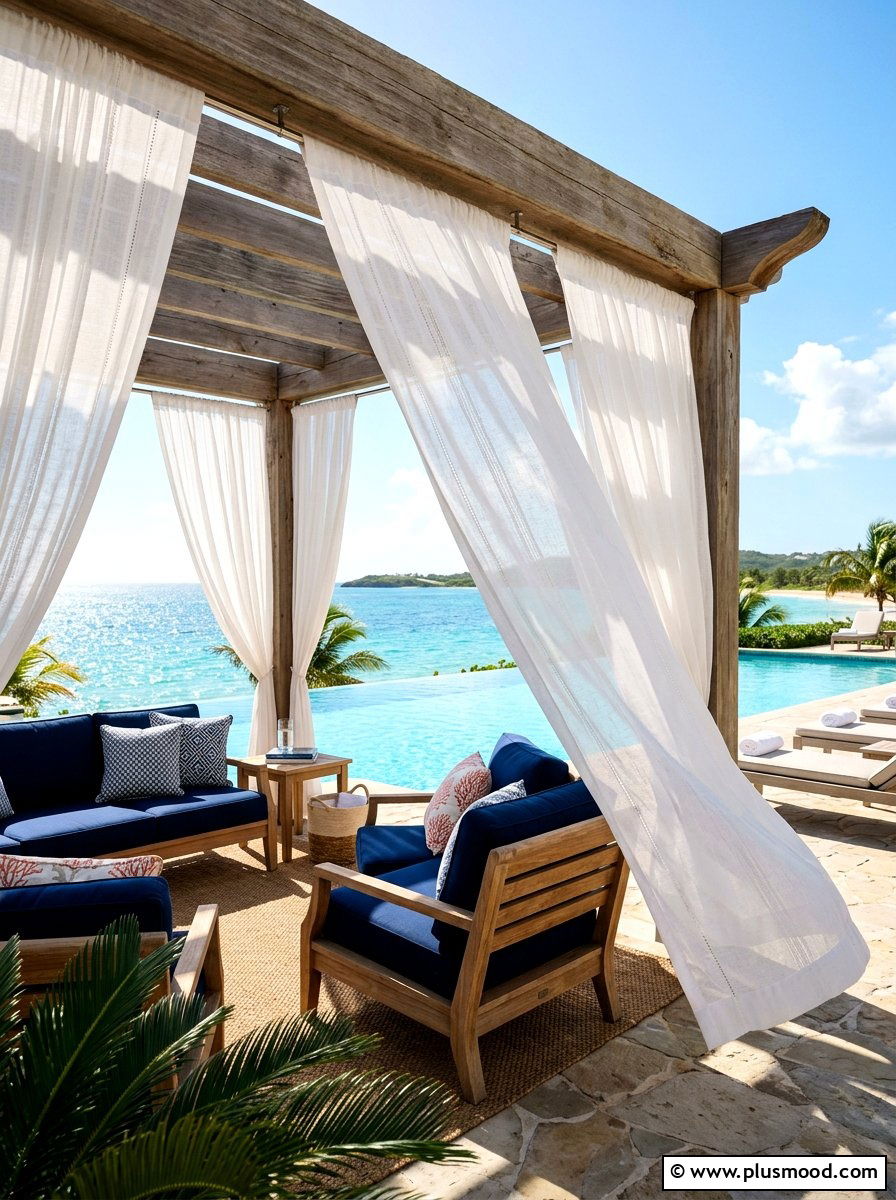 White cabana curtains - 25 summer white and blue pool decor ideas