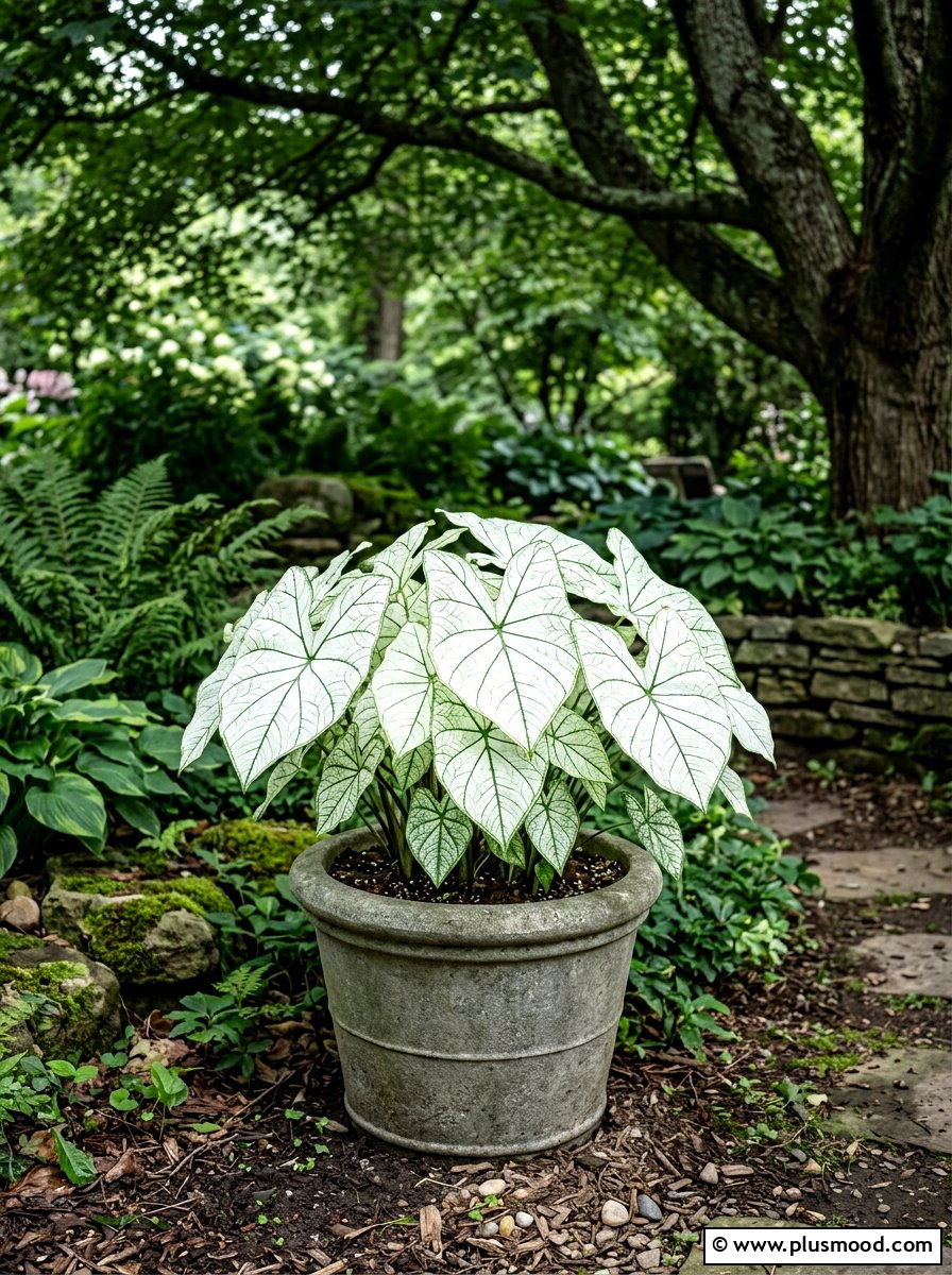 White caladium foliage pot - 25 summer monochrome planter ideas
