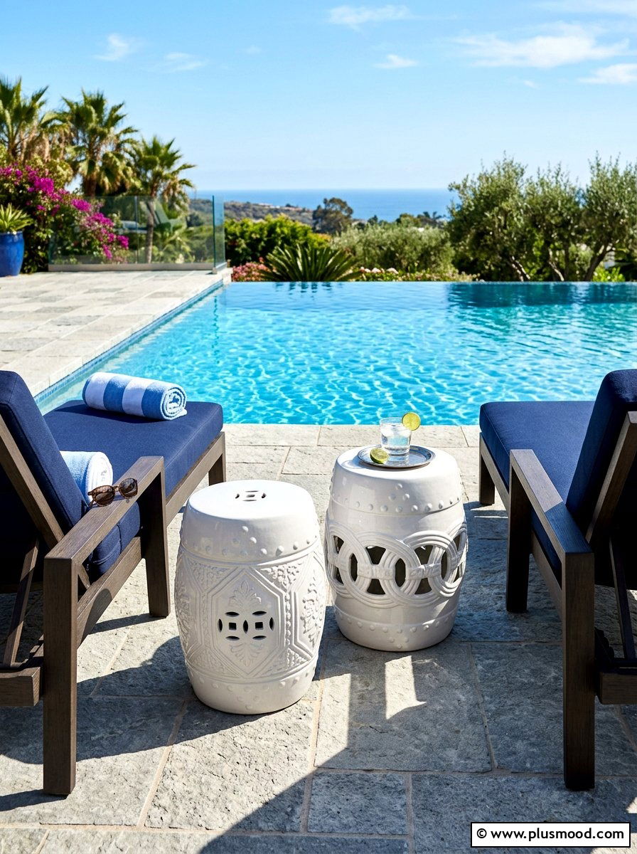 White ceramic garden stools - 25 summer white and blue pool decor ideas