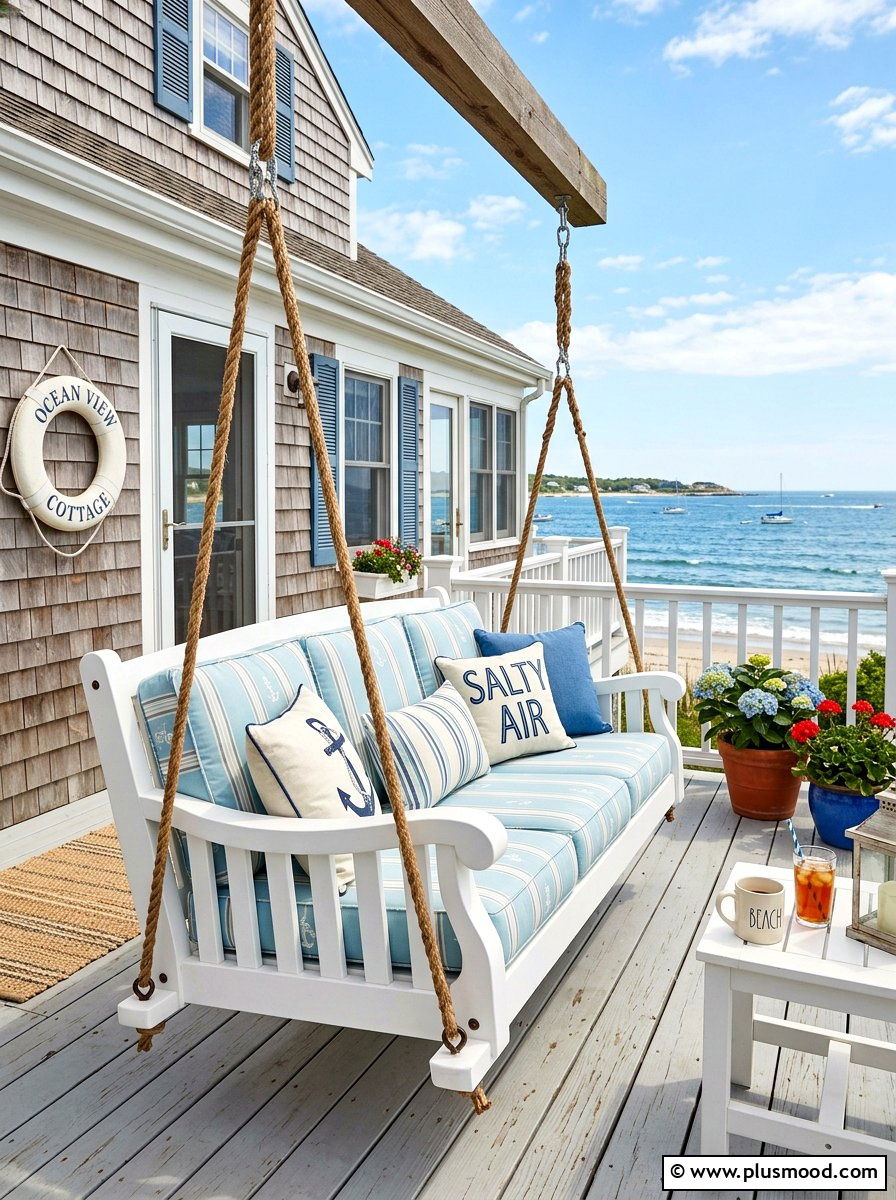 White coastal porch swing - 25 summer porch swing curb appeal ideas