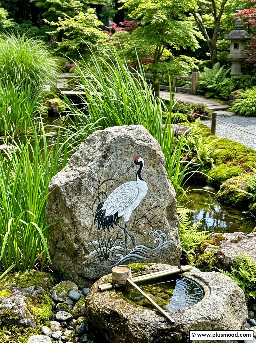 White crane painting - 25 painted rock ideas for Japanese garden
