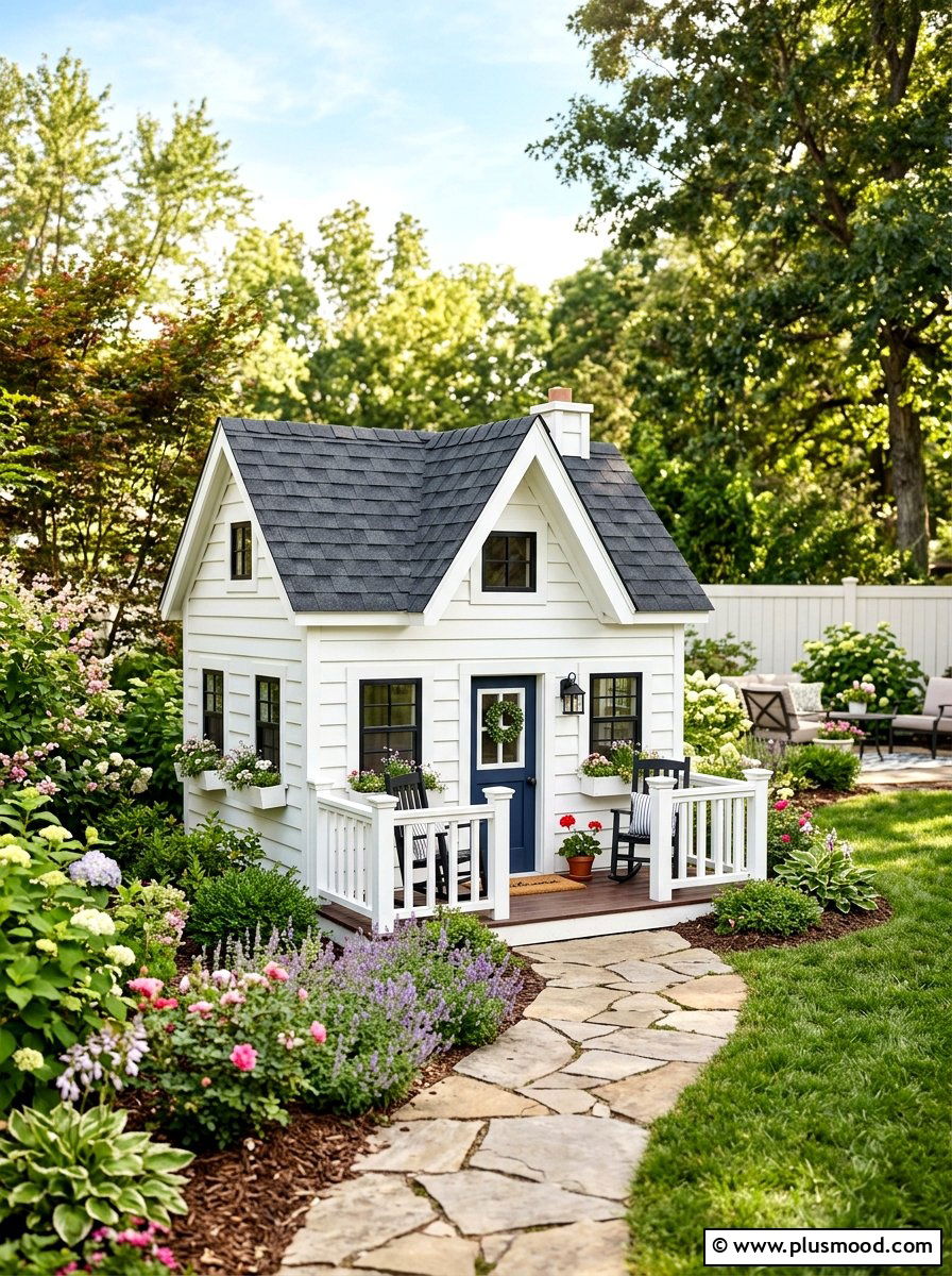 White farmhouse playhouse with porch - 25 small backyard ideas with playhouse