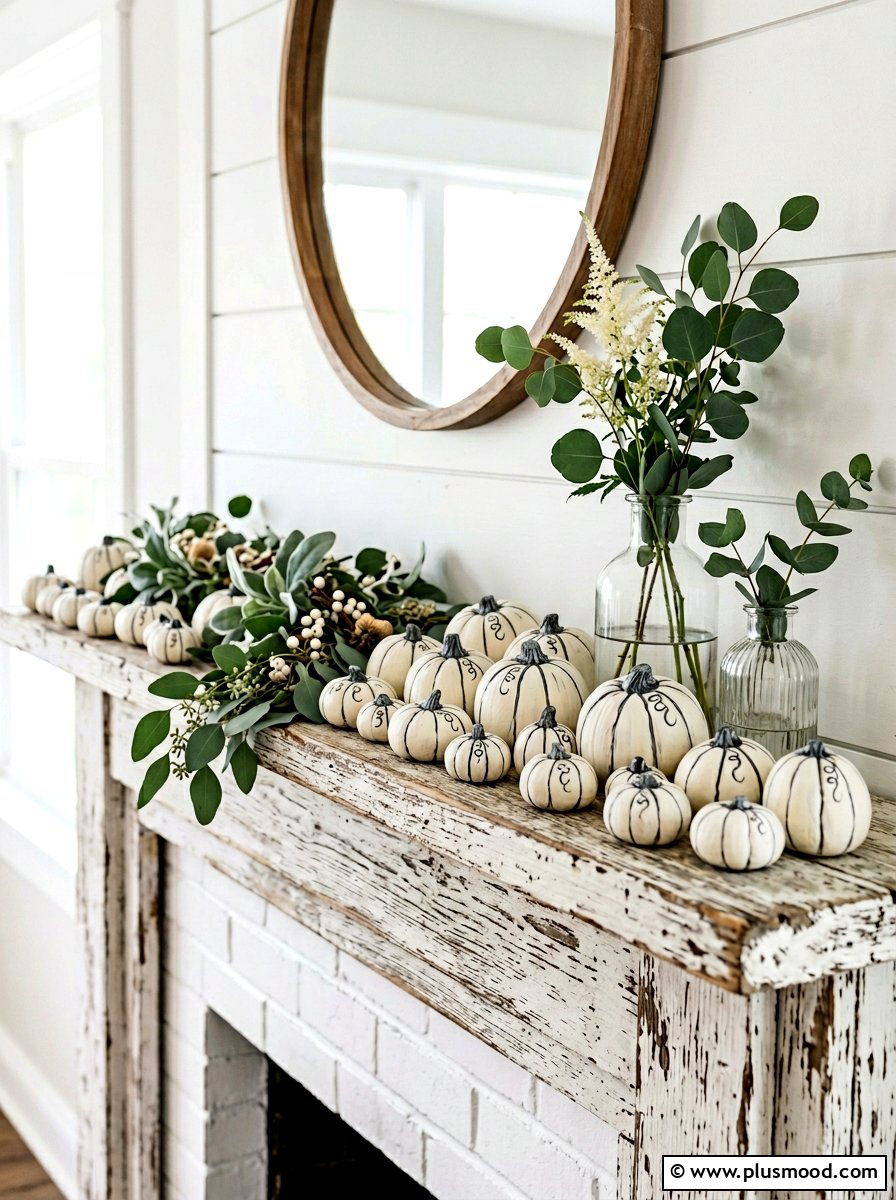 White farmhouse pumpkin rock - 25 painted rock ideas with pumpkin art