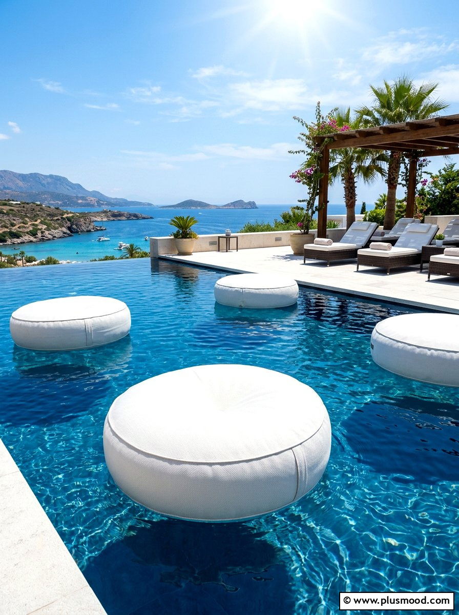 White floating pool bean bags - 25 summer white and blue pool decor ideas