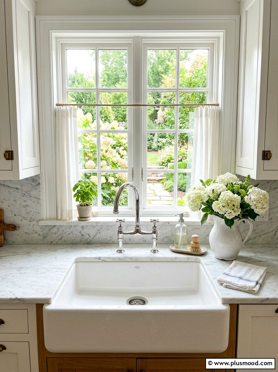 White hydrangea farmhouse sink decor - 25 summer kitchen decor ideas with hydrangeas
