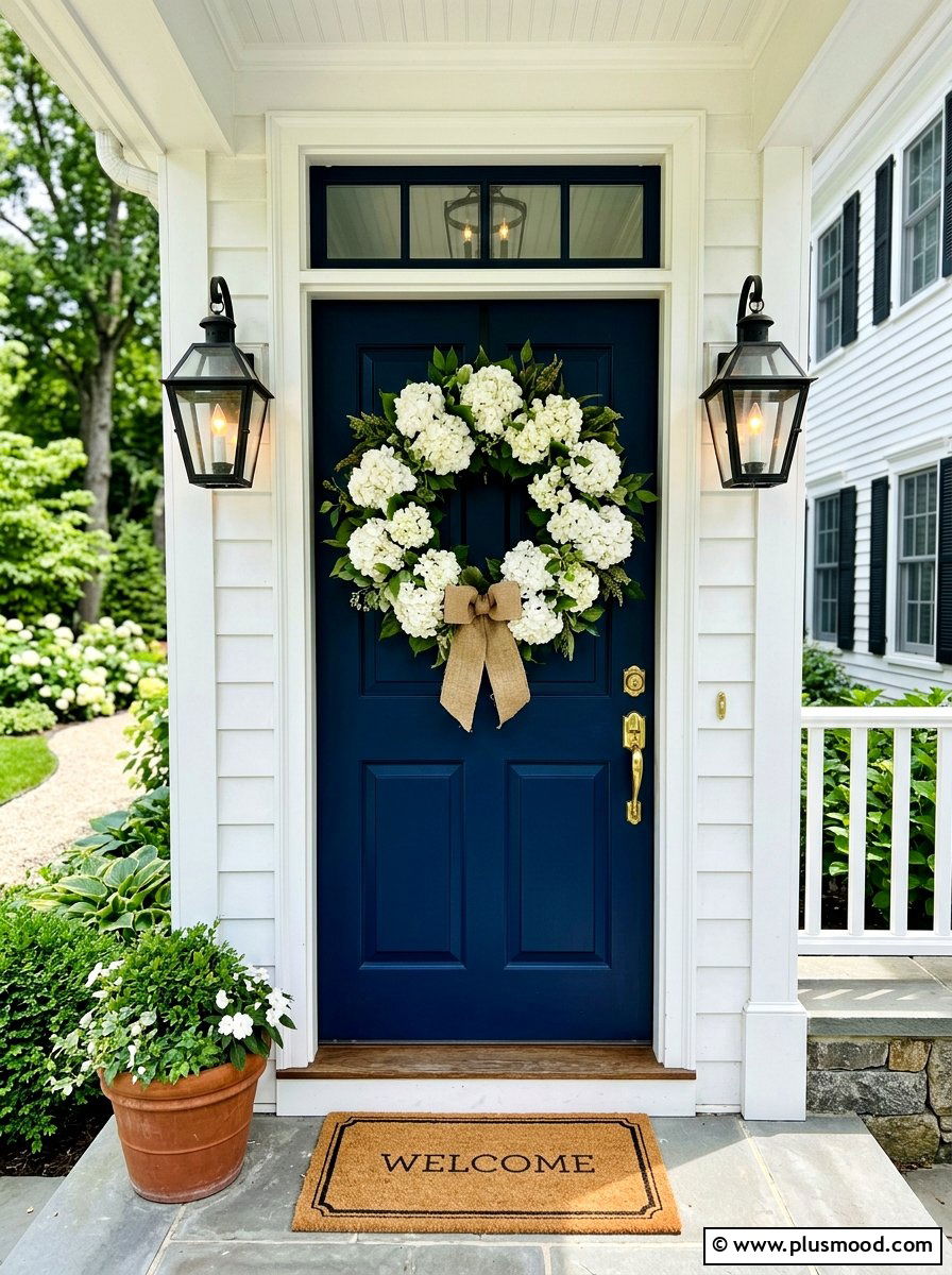 White hydrangea front door wreath - 25 summer front porch decor ideas with hydrangeas