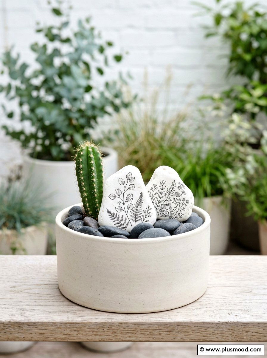 White ink stones - 25 painted rock ideas for potted plant display