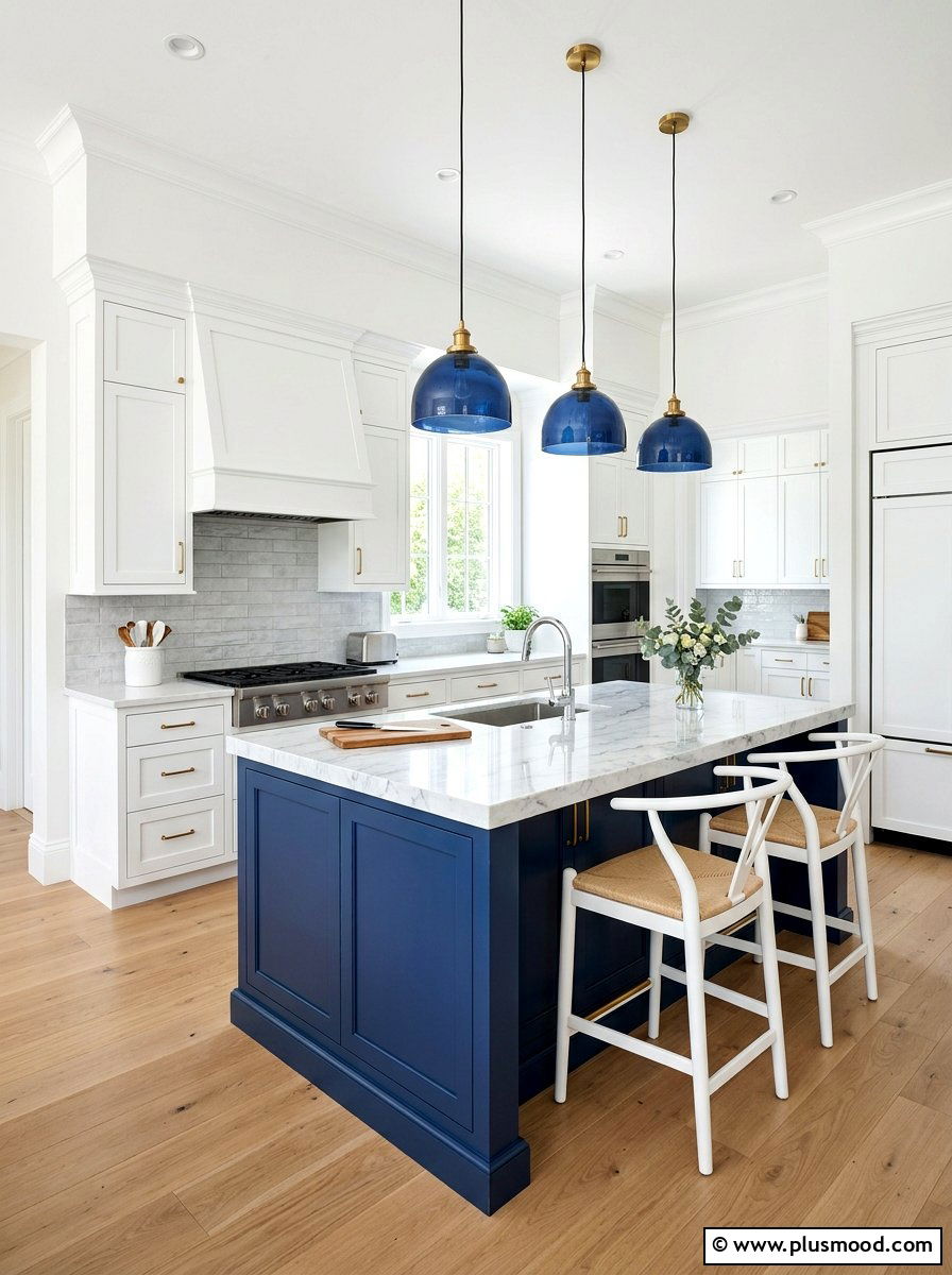 White kitchen blue island - 25 summer blue and white decor ideas