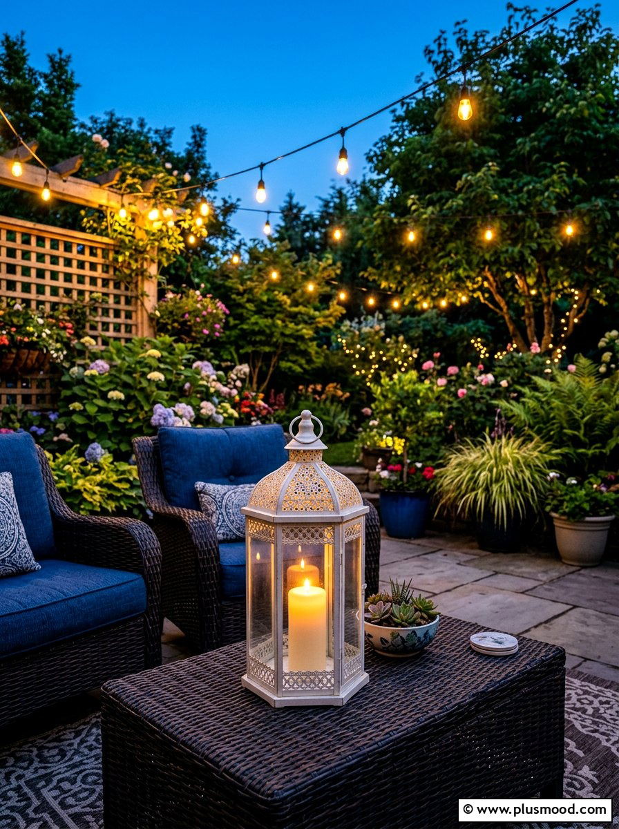 White lantern with candles - 25 summer patio centerpiece ideas