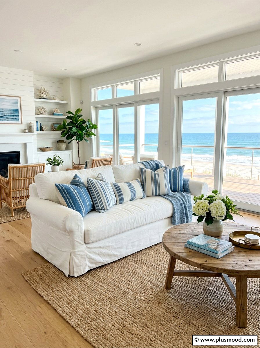 White linen sofa - 25 summer coastal home decor ideas