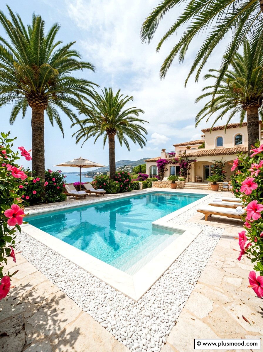 White marble chip pool border - 25 pool landscaping ideas with gravel
