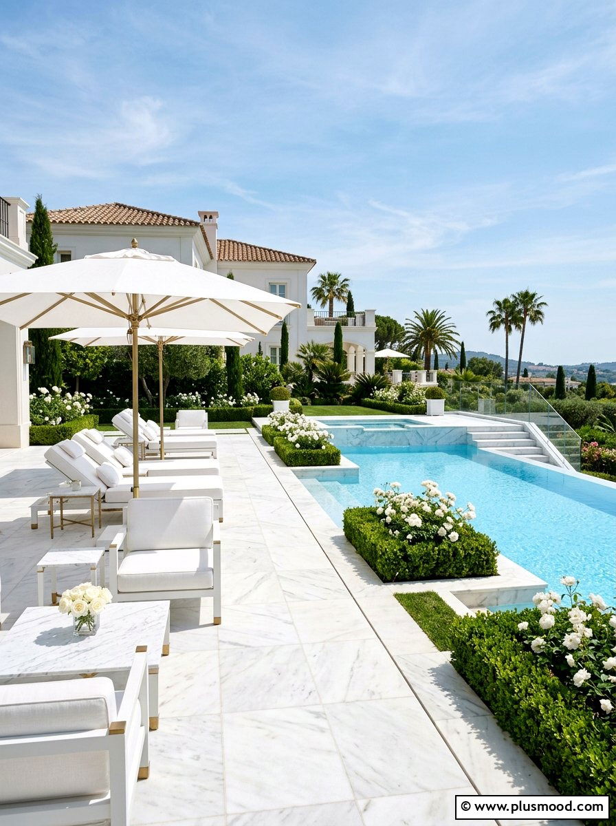 White marble tile pool lounge - 25 pool landscaping ideas with tile accents