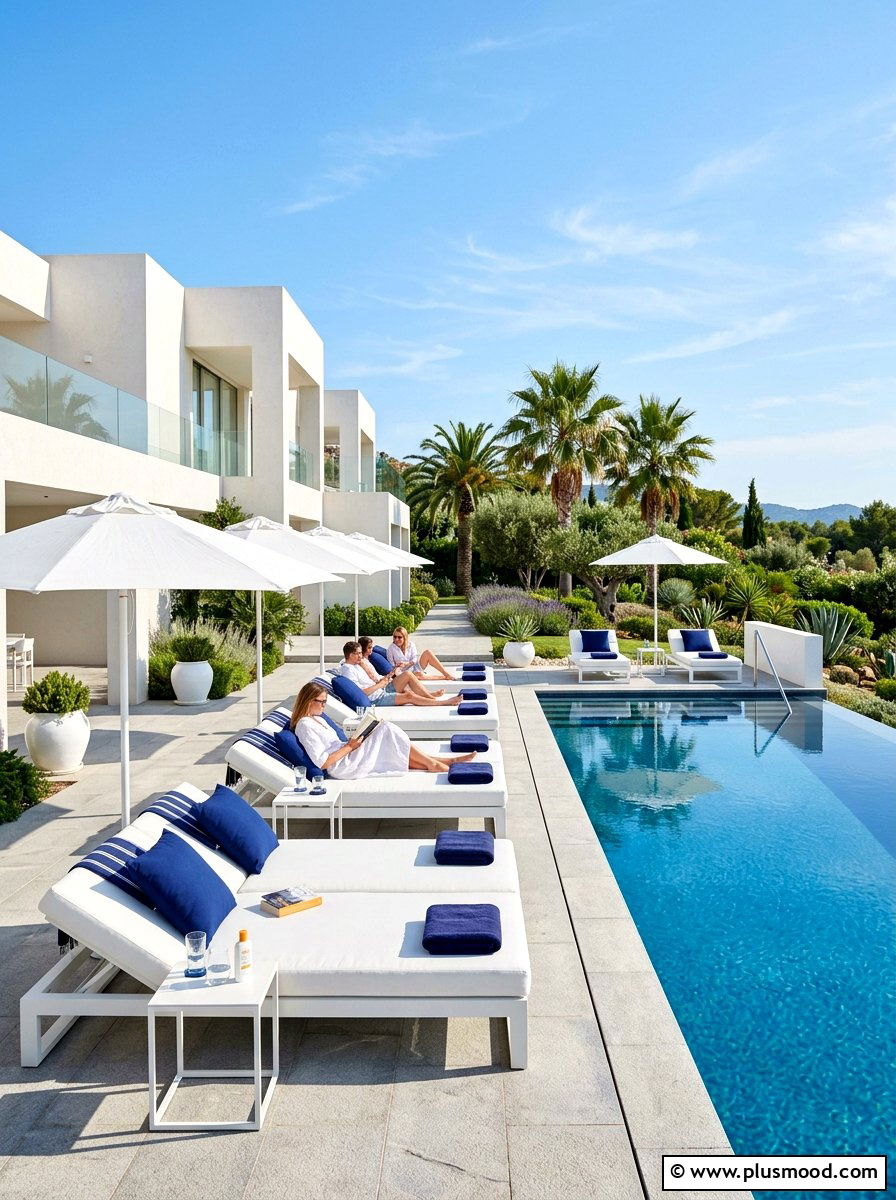 White modern pool lounge area - 25 summer white and blue pool decor ideas