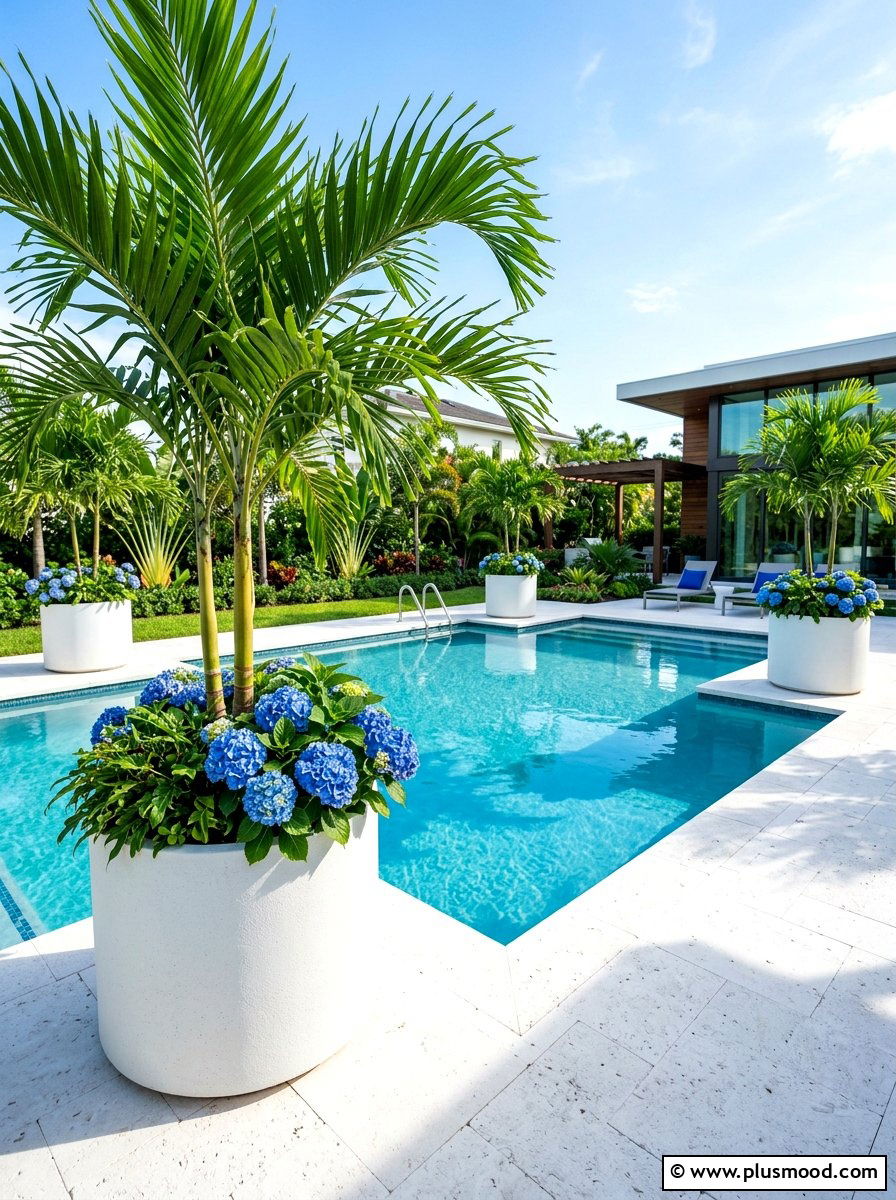 White outdoor planters - 25 summer white and blue pool decor ideas