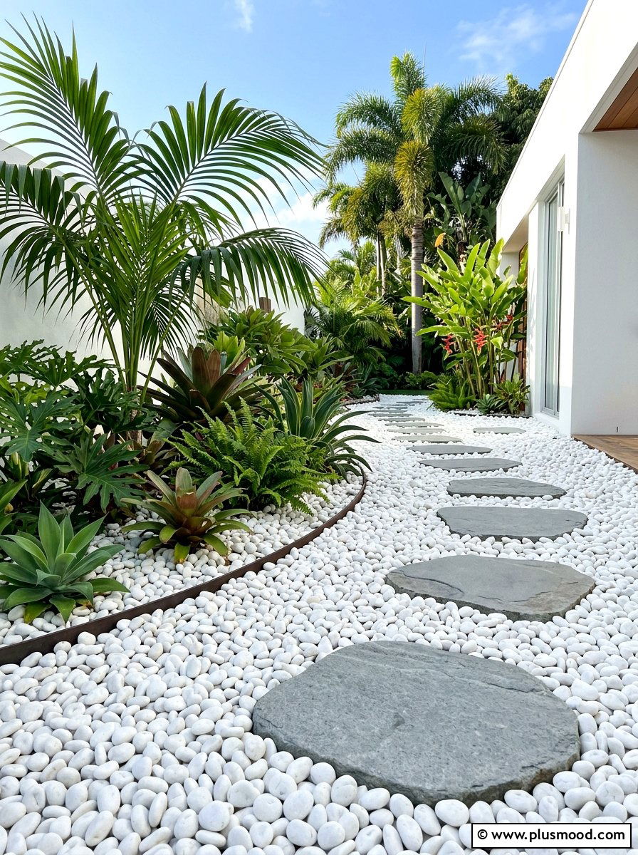 White pebble groundcover - 25 small backyard ideas for tropical theme