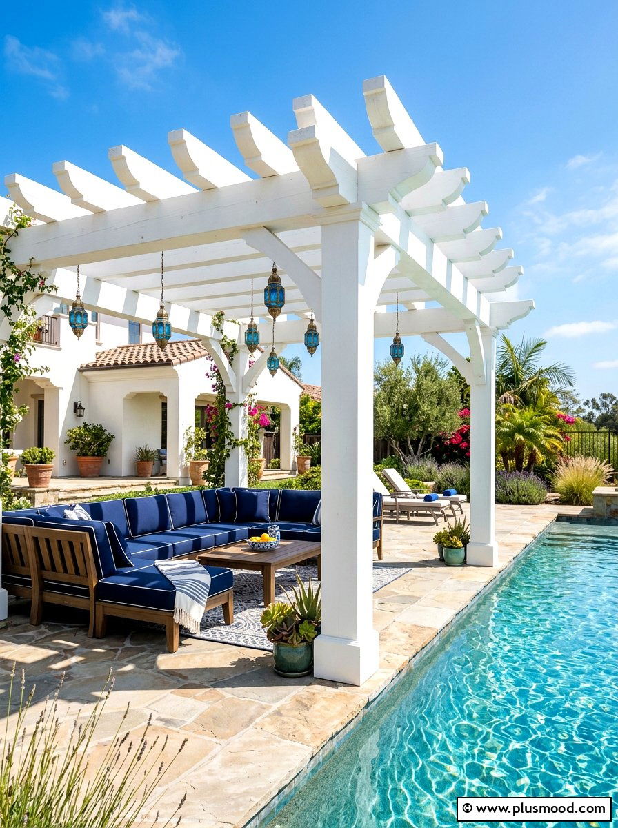 White pergola with blue accents - 25 summer white and blue pool decor ideas