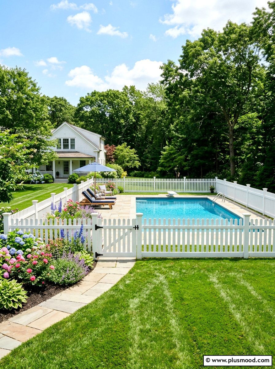 White picket fence pool - 25 pool landscaping ideas for colonial homes