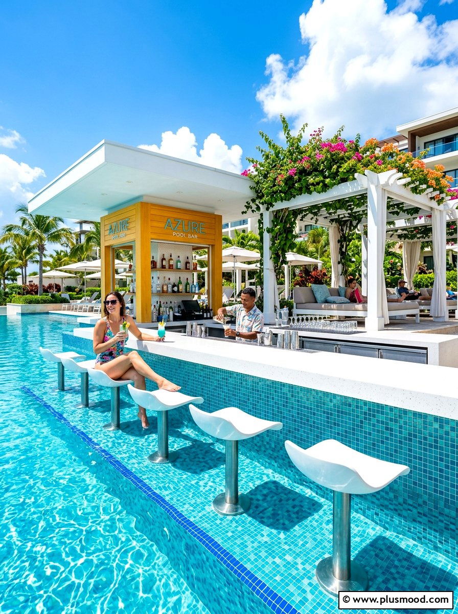 White pool bar stools - 25 summer white and blue pool decor ideas