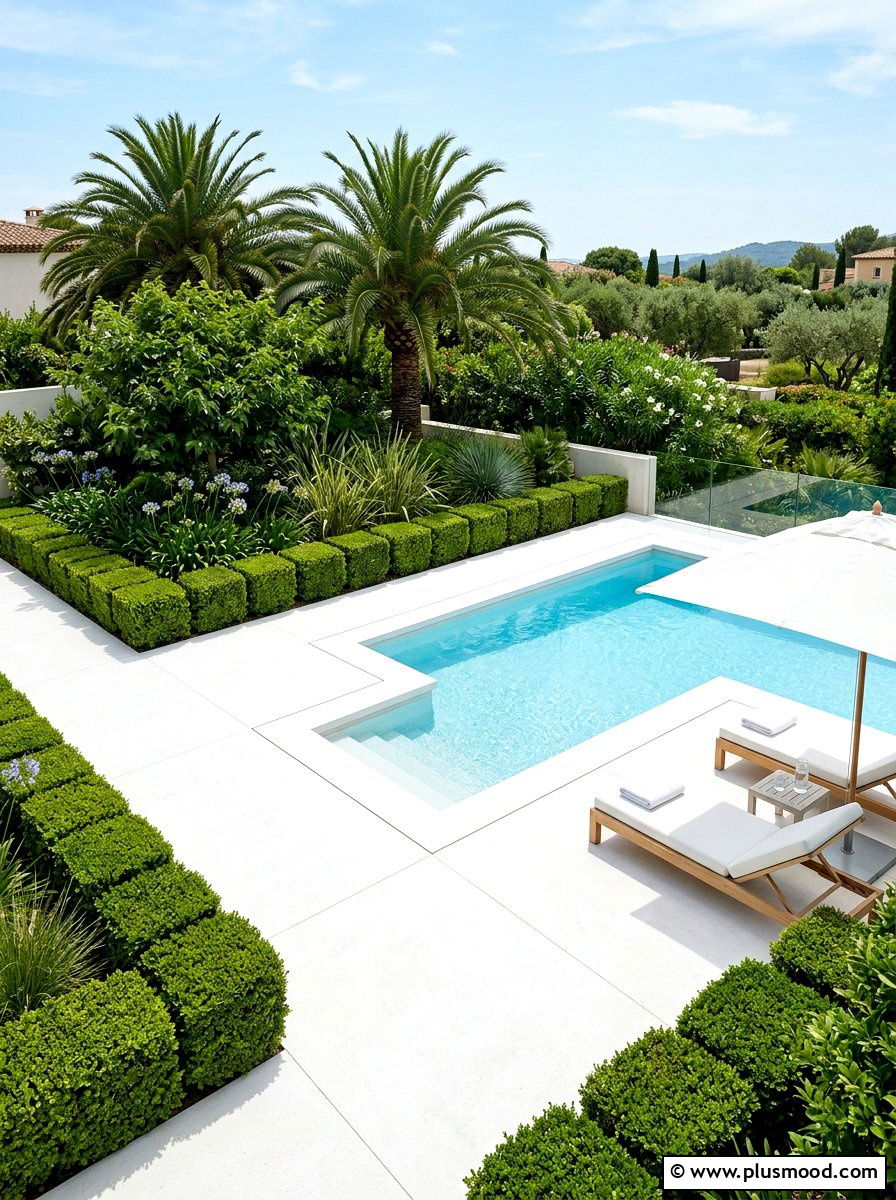 White pool deck with greenery - 25 pool landscaping ideas for corner pools