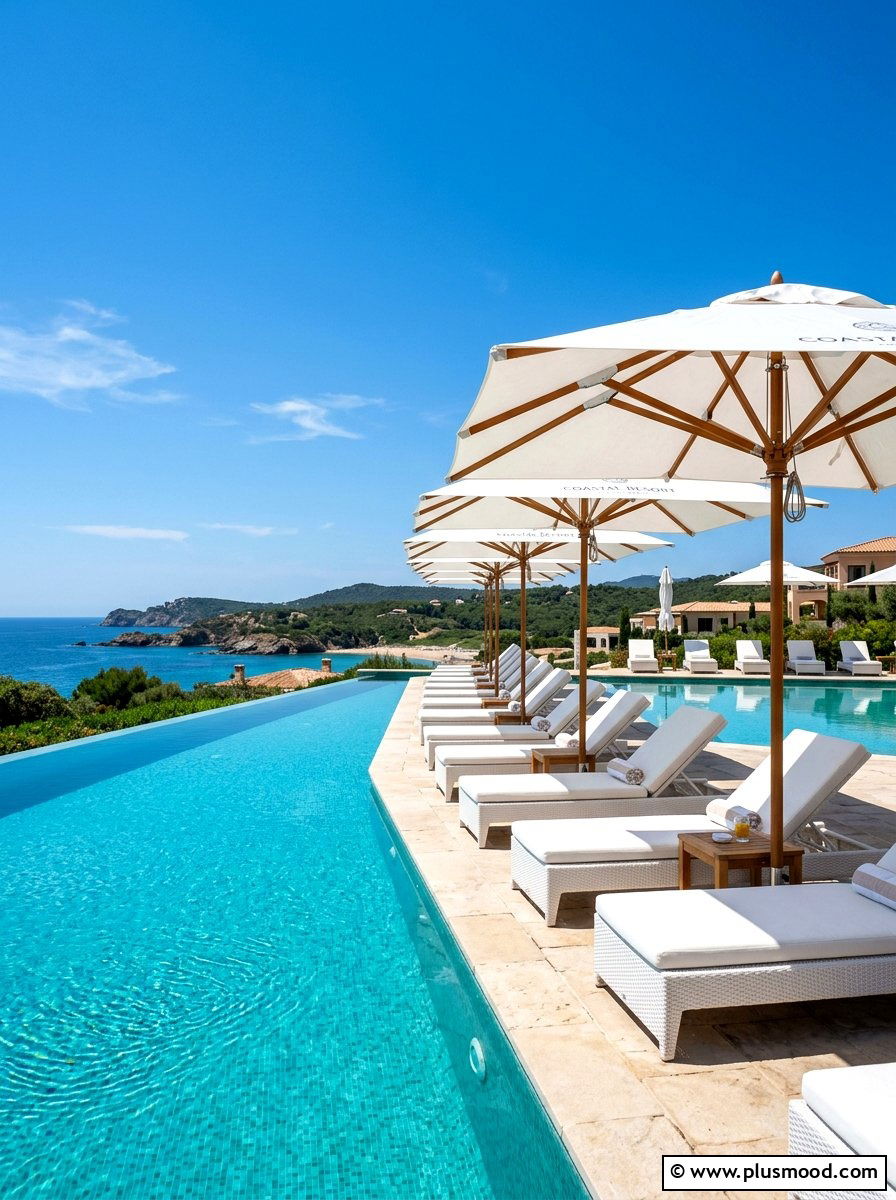 White poolside umbrellas - 25 summer white and blue pool decor ideas