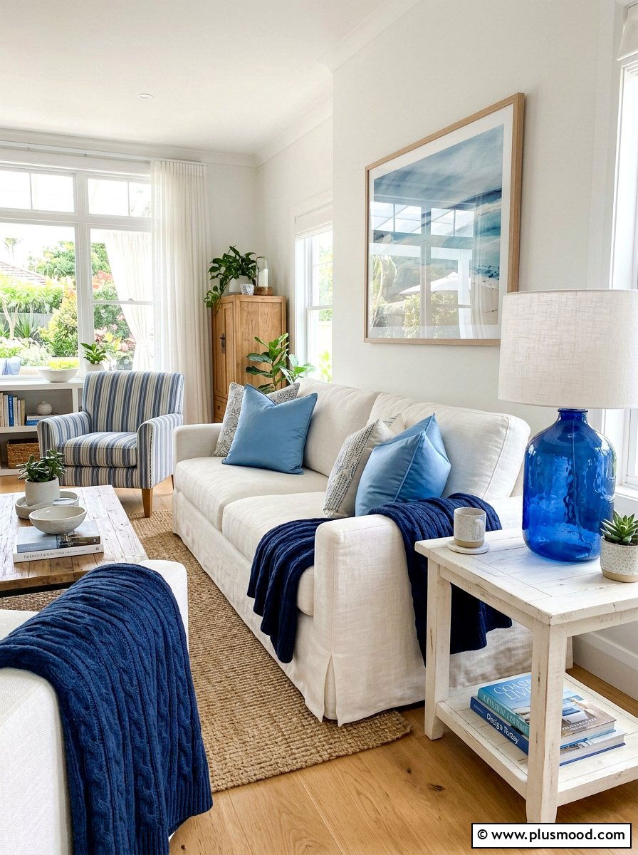 White slipcovered sofa with blue accents - 25 summer decor ideas with blue and white