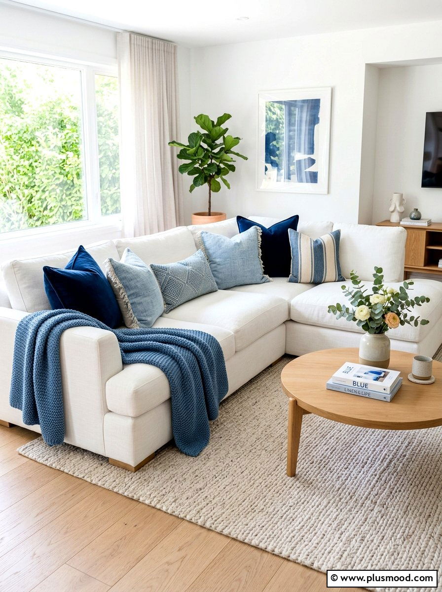 White sofa blue pillows - 25 summer blue and white decor ideas