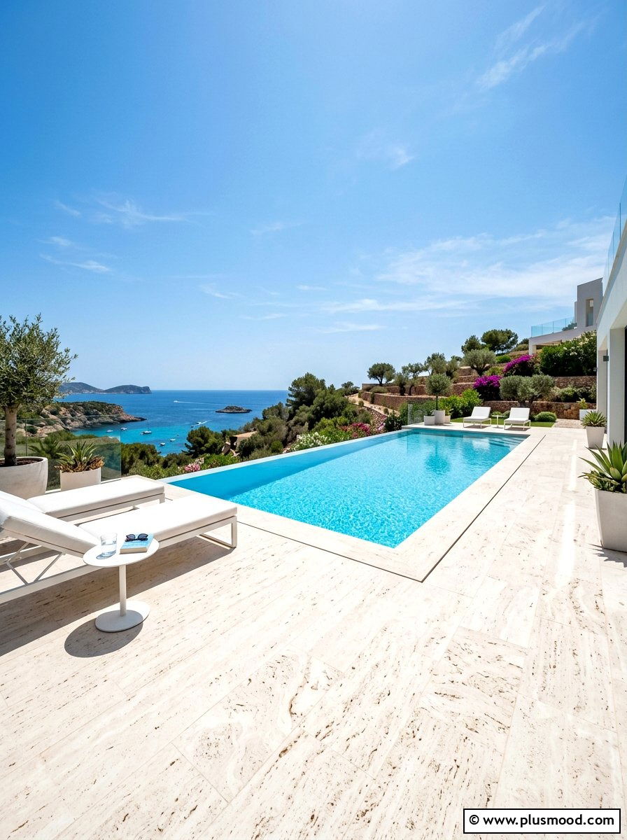 White stone pool surround - 25 summer white and blue pool decor ideas