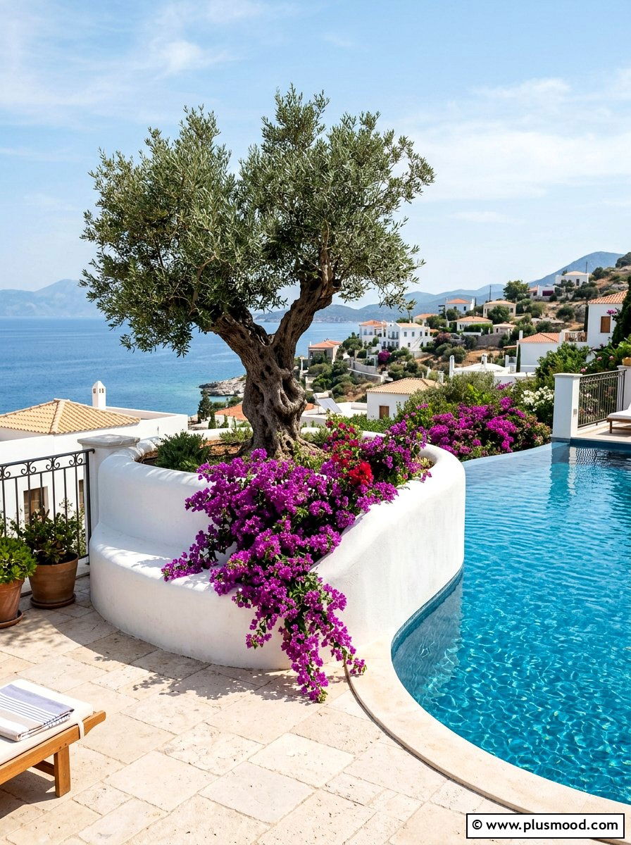 White stucco pool planter - 25 pool landscaping ideas with curved planters