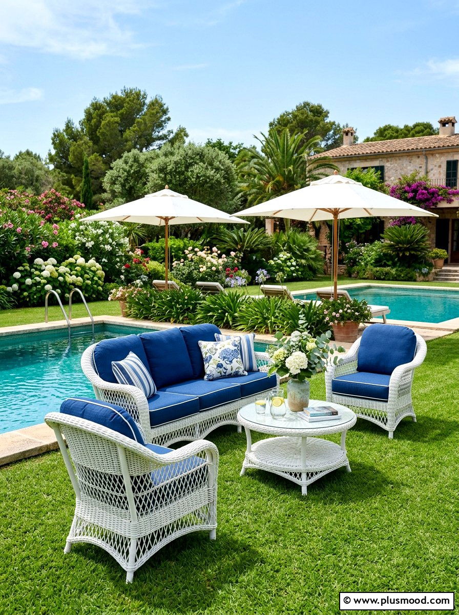 White wicker patio furniture - 25 summer white and blue pool decor ideas