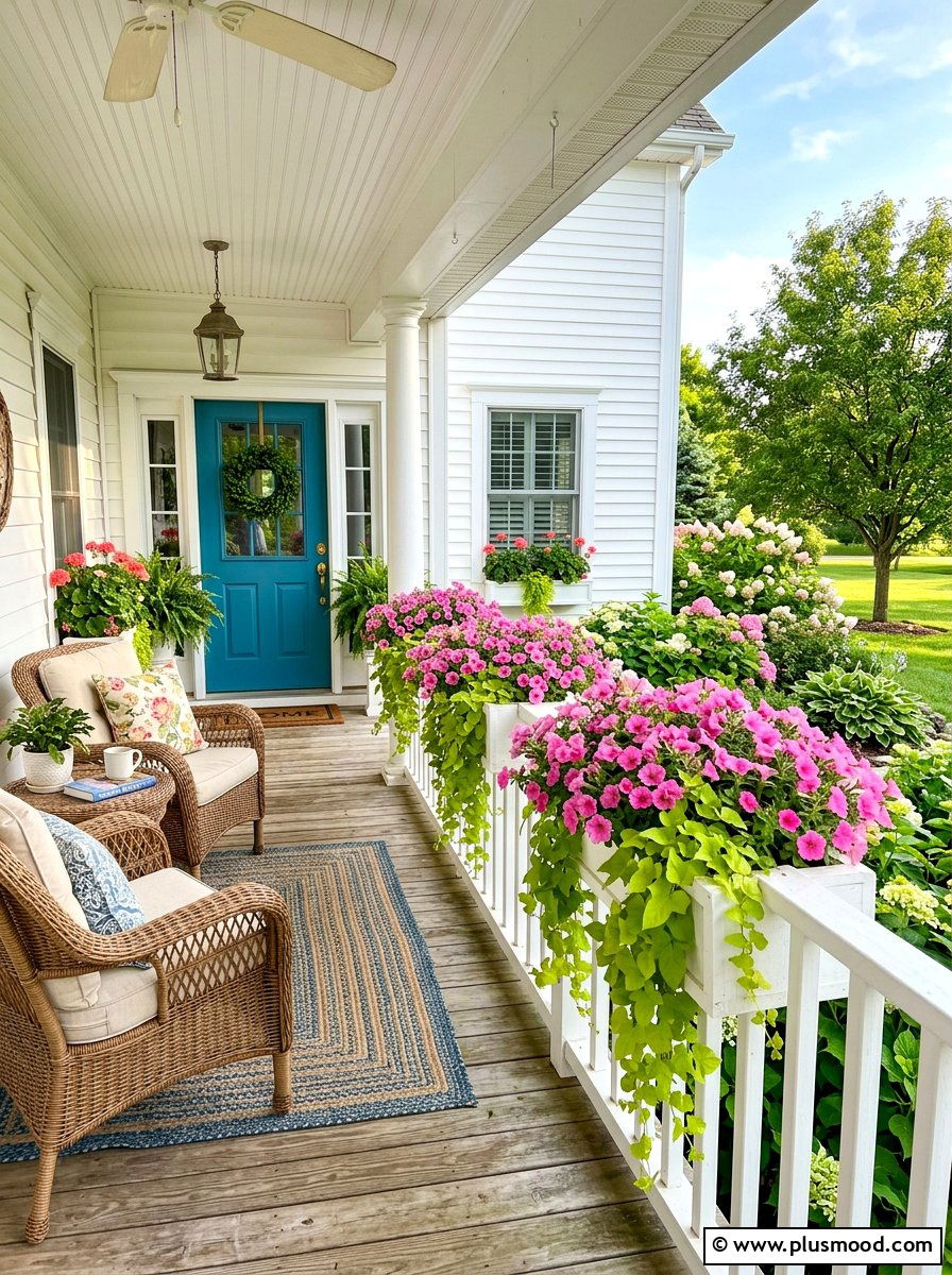 White window boxes - 25 summer porch rail decor ideas