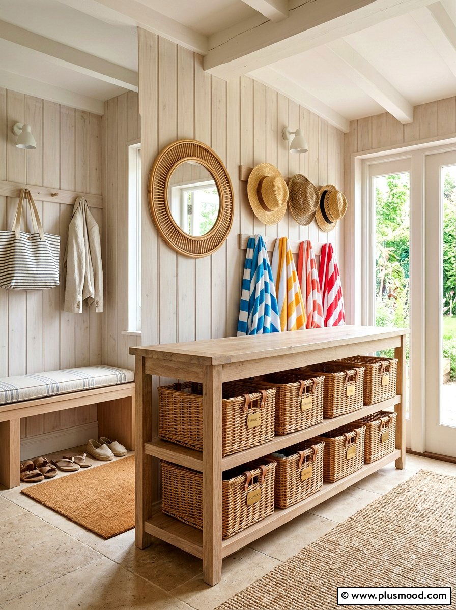 Wicker Basket Storage Mudroom - 25 summer seasonal entry decor ideas