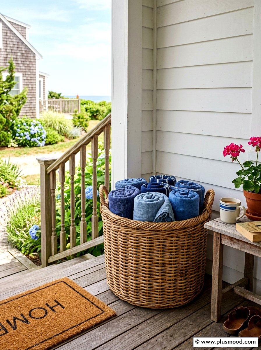 Wicker Basket Storage - 25 budget summer front porch decor ideas