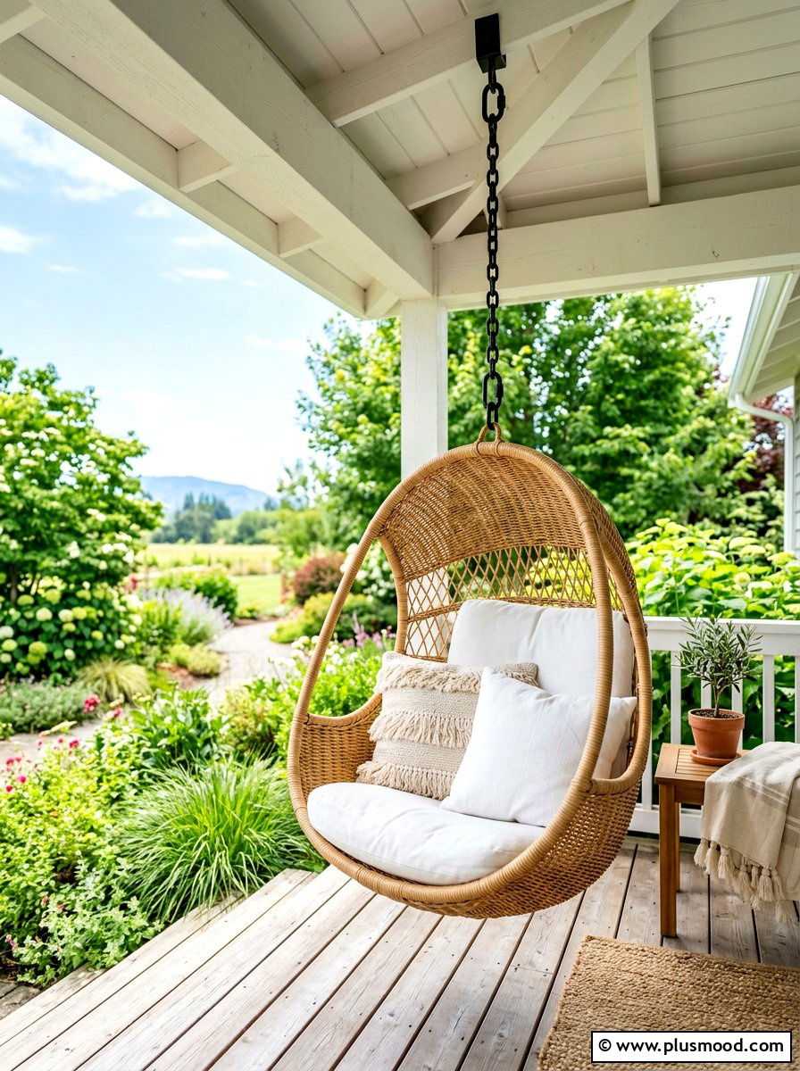 Wicker Hanging Chair - 25 summer minimalist front porch ideas