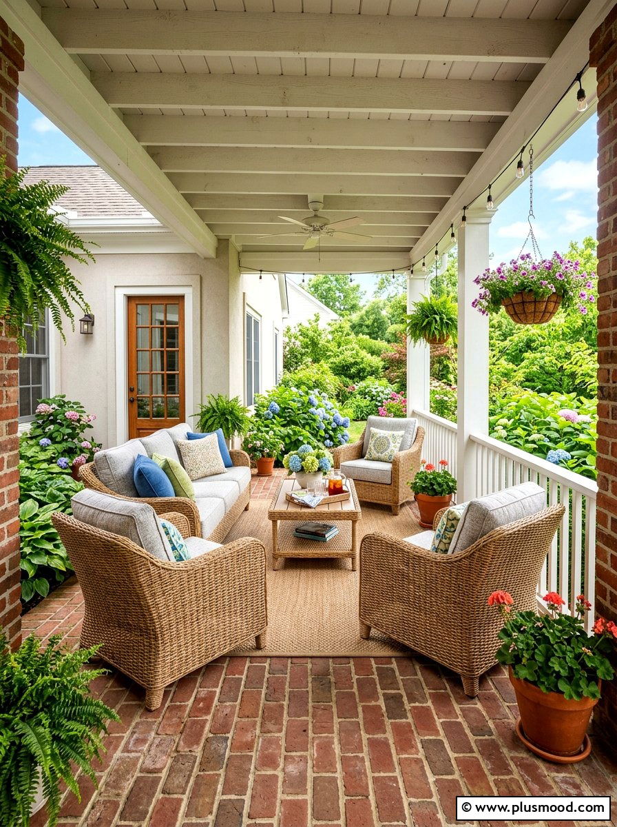 Wicker Porch Furniture - 25 summer brick house curb appeal ideas