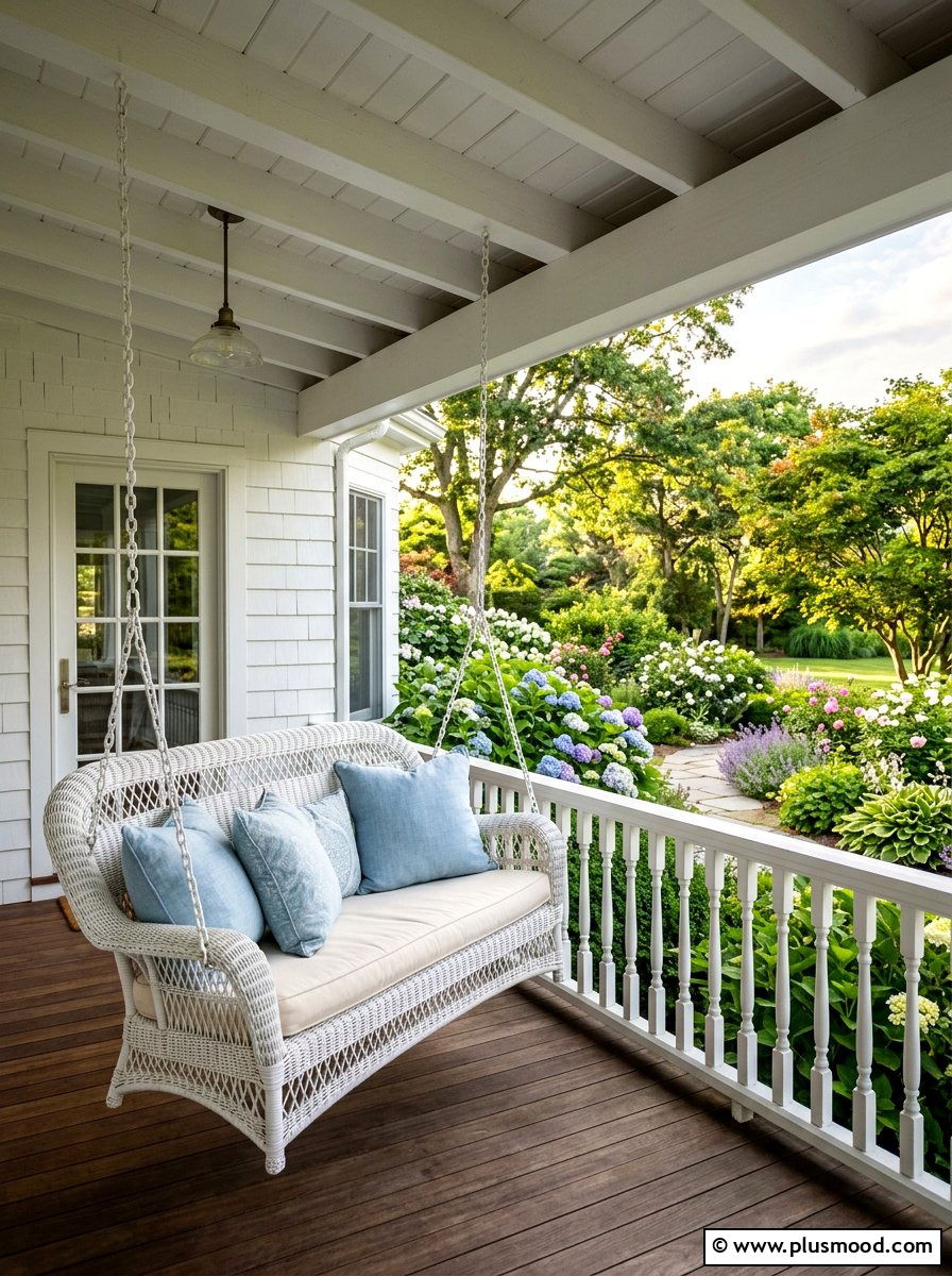 Wicker Porch Swing - 25 summer coastal curb appeal ideas