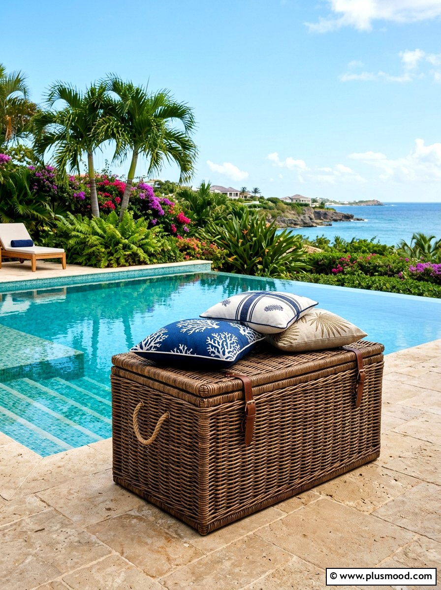 Wicker Storage Trunk - 25 summer pool float storage ideas